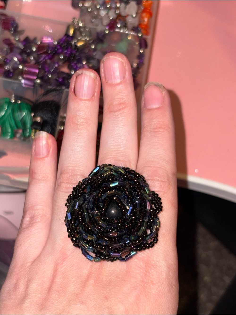 Black Iridescent Beaded Flower Statement Ring Handmade Boho Cocktail